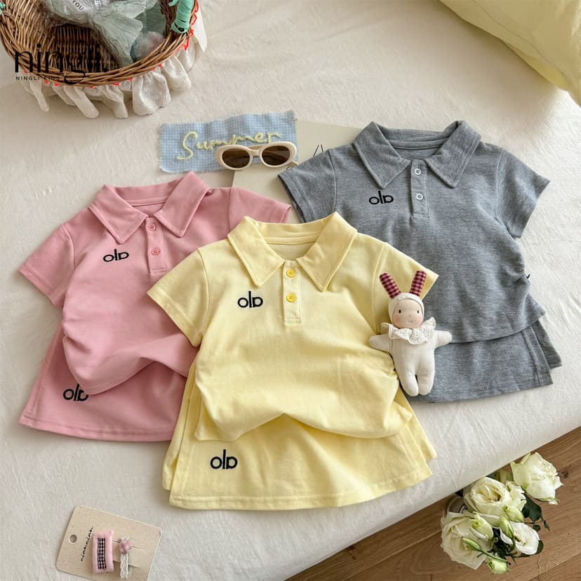 Lime girls summer suit 25 new children's college style summer girls short sleeve POLO shirt skirt pants two-piece set