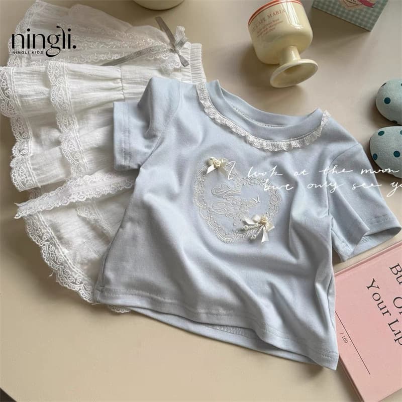 Lime Girl's Short-sleeved T-shirt Shorts suit Summer Style Children's Stylike Lace Lace Collar Top Trendy Skirt