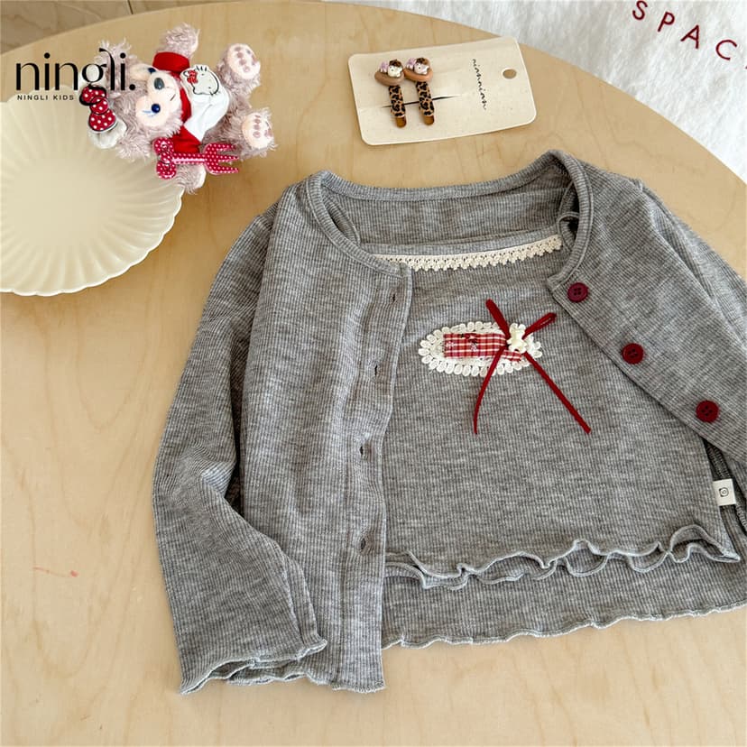 [Autumn New Products] Ningli Girls’ Spring and Autumn New Korean Bow Vest + Cardigan Two-Piece Suit