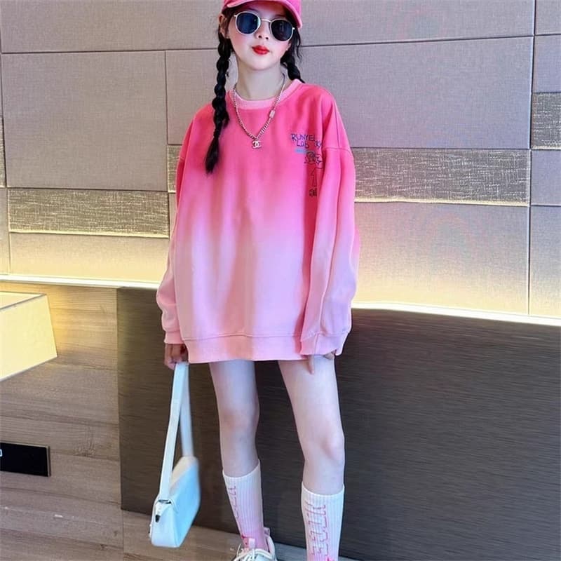 Girls' Korean-Style Sweatshirt, Spring and Autumn 2026 New Model, Fleece-Lined, Gradient Casual Top for Older Children, Long-Sleeve Top for Girls