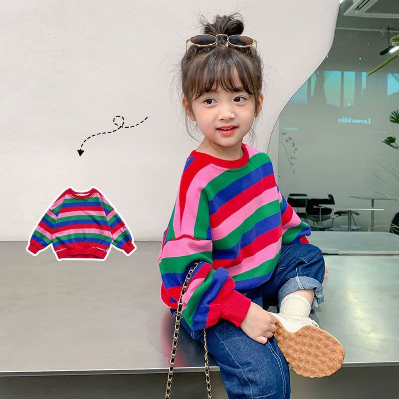 Korean Style Rainbow Striped Girls' Sweatshirt, Stylish and Loose-Fitting Top for Little Girls, 2026 New Children's Clothing