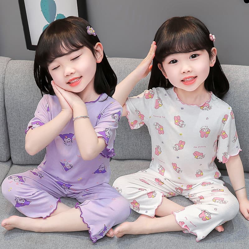 Summer Thin Children's Home Clothes Ice Silk Cute Cartoon Fashion Western Style Baby Girl Pajamas suit