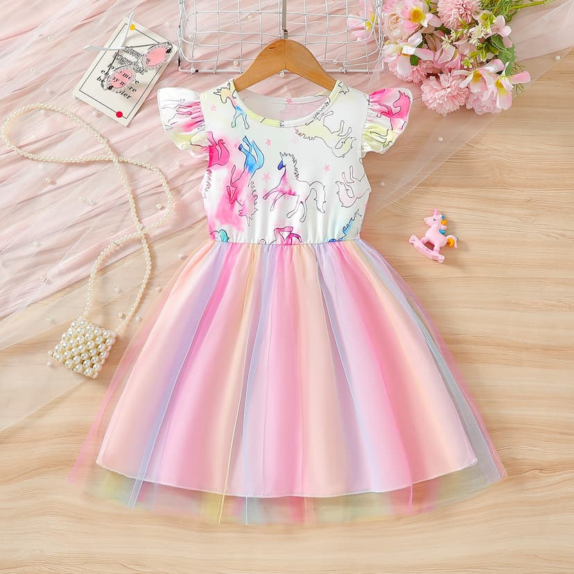 Foreign Trade Girls' Dress Summer Cotton Princess Dress Stylish Mesh Dress Little Girl Rainbow Dress Children's Performance Outfit Trendy