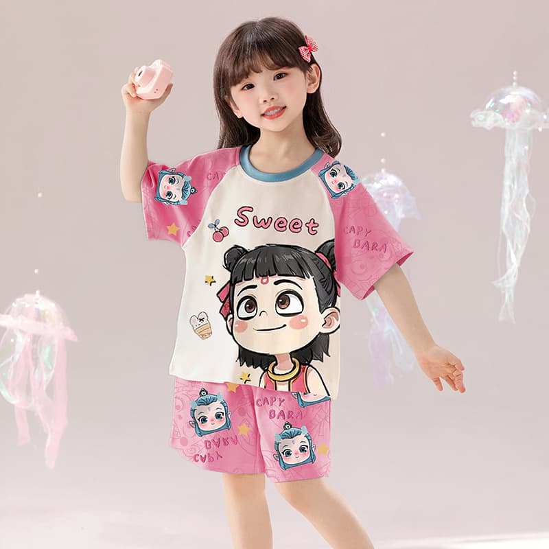 Girls Ice Silk Short-Sleeved Shorts Pajamas Set Summer Little Girl Cute Round Neck Home Clothes Two-Piece Korean Style