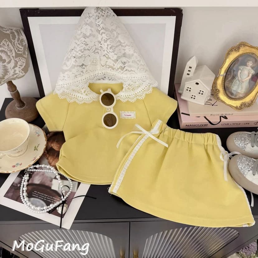 Children's clothing girls 2025 spring and summer new style lace cap sweet bow cheese yellow short sleeve skirt suit