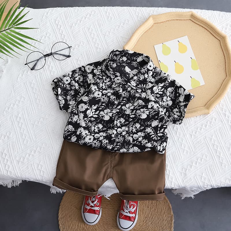 Children's suit for boys and girls summer Korean ins short-sleeved shorts baby Plaid lapel sports Fry Street brother and sister pack 5