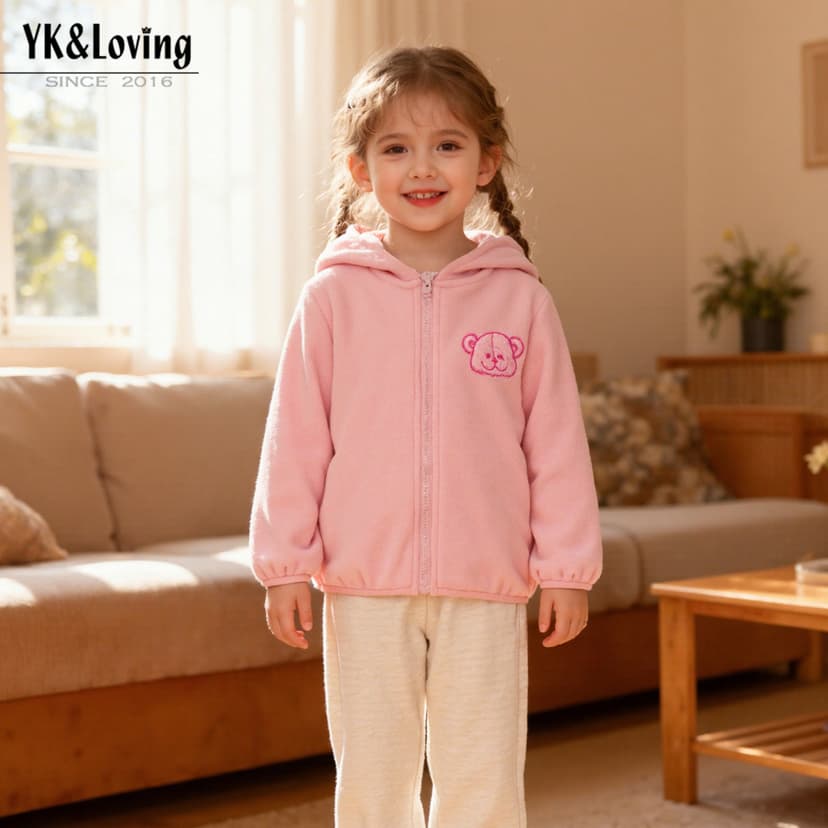 Korean version of boys and girls autumn and winter hooded coat embroidered bear head fleece warm long sleeve zipper jacket wholesale