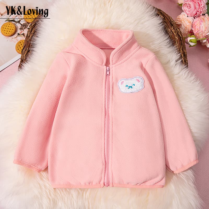 Autumn and winter children's coat cartoon bear polar fleece boys and girls double-sided velvet stand collar zipper jacket warm children's clothing batch