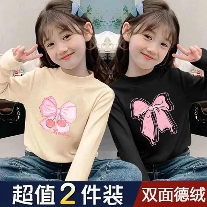 Girls' Double-Sided Velvet Bottoming Shirt Autumn and Winter New Kidsren's Half Turtleneck Baby Style Long-Sleeved Warm Top T-Shirt