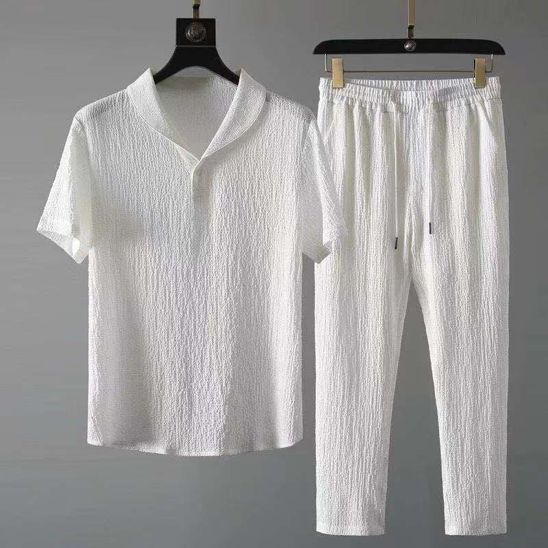 Casual Suit Men's 2024 New Summer Thin Sports Suit Men's Fashion Short-Sleeved Trousers Trendy Light Luxury Two-Piece
