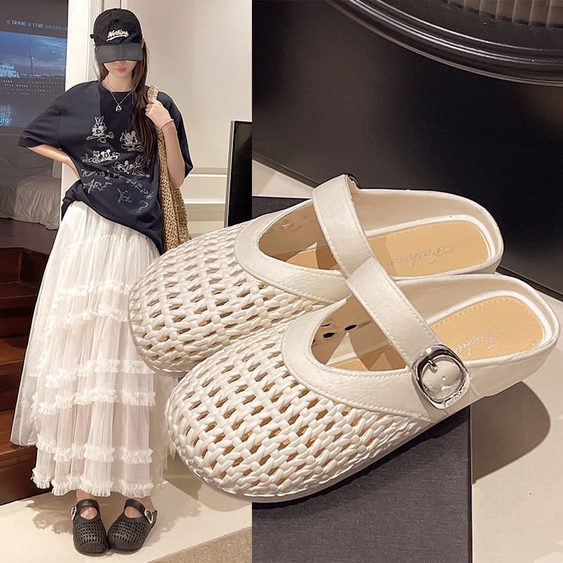 Flat French Toe-Cap Half Slippers for Women's Outer Wear 2025 Summer New Mesh Breathable and Comfortable Soft-Soled Sandals