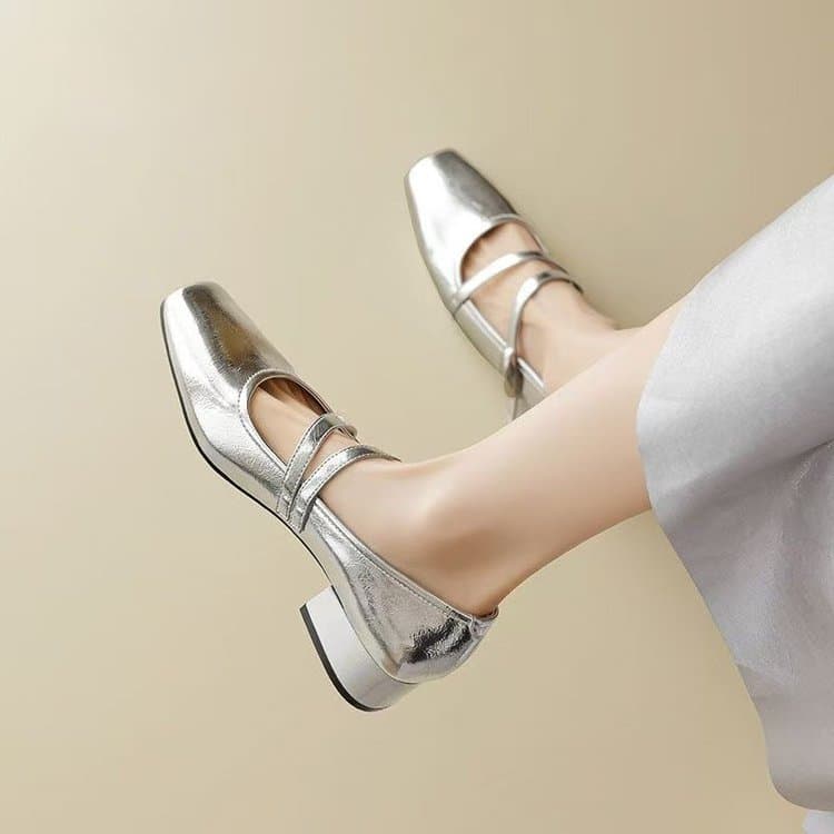 Silver French Mary Jane Shoes for Women 2025 Autum New High-Heeled Shoes, Beautiful Thick Heel Velcro Small Leather Shoes