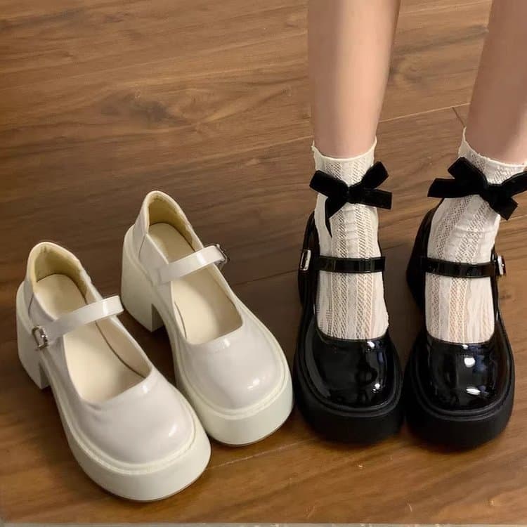 Thick Heeled High Heeled Leather Shoes Women's 2025 Spring New Thick Sole Height Increasing French Style Retro Mary Jane Single-layer Shoes with Round Toe