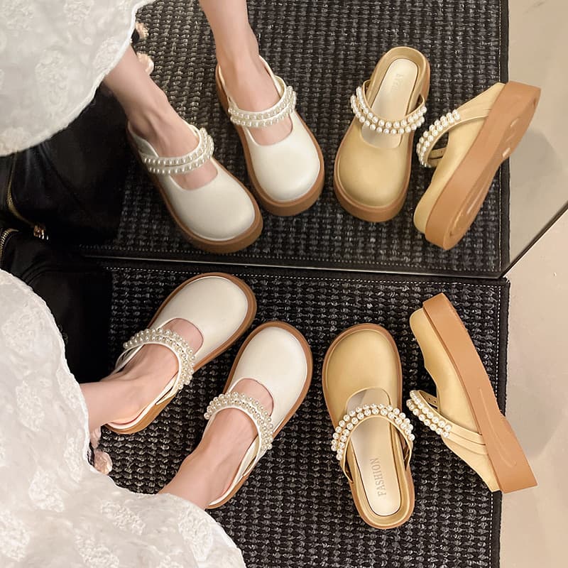 2025 Summer New Style Closed-Toe Slippers for Women, Fashionable Versatile Mary Jane Super Popular Pearl Mid-Heel Closed-Toe Outdoor Sandals