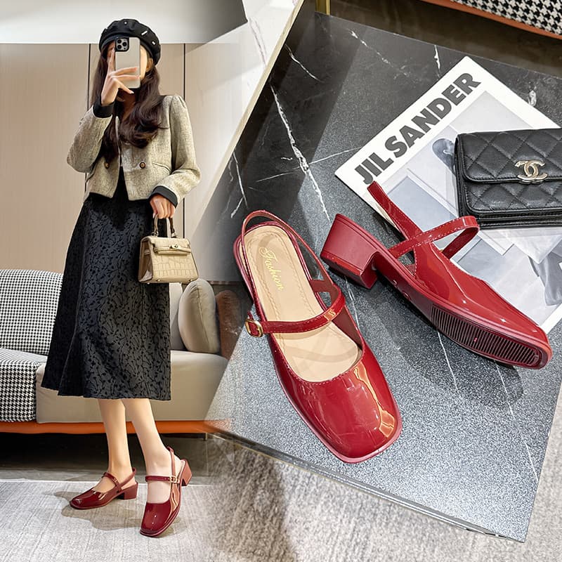 Summer New Style Closed-Toe High Heels for Women Versatile Mary Jane Chunky Heel Closed-Toe Sandals with Open Back Shallow Mouth Single Shoes Women's Sandals