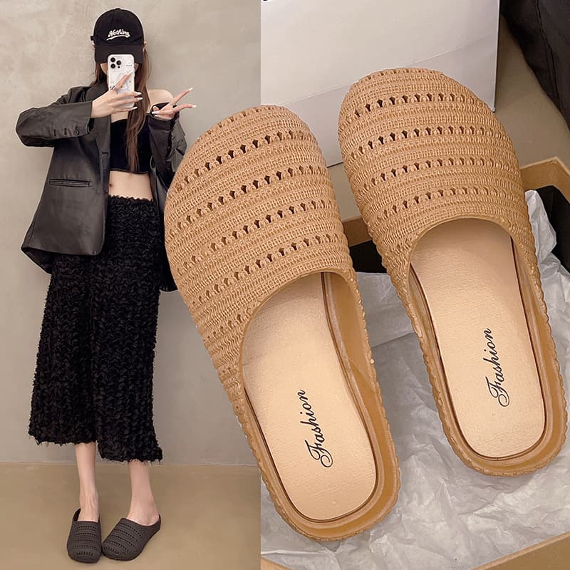French Niche Hand-Woven Hollow Breathable Toe-Cap Half Slippers for Women's Summer Outer Wear Roman Style Soft-Soled Mule Shoes