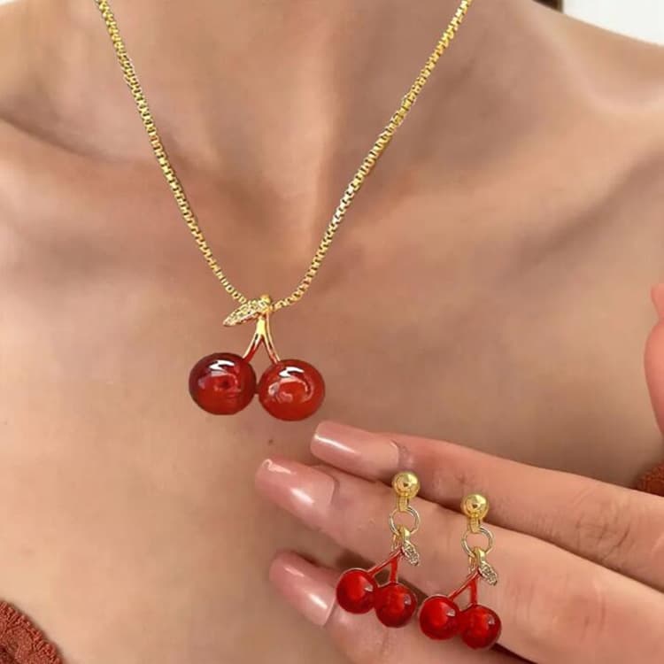 Cross-Border New Product Niche Design Diamond-Encrusted Red Cherry Pendant Necklace Earrings Set Fashion Versatile Accessories Wholesale