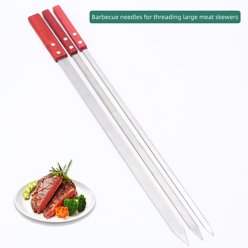 Stainless Steel Barbecue Skewers with Large Oil Edge for Commercial Use, Outdoor Large Skewer Barbecue with Wooden Handle, Large Flat Skewers for Cross-Border
